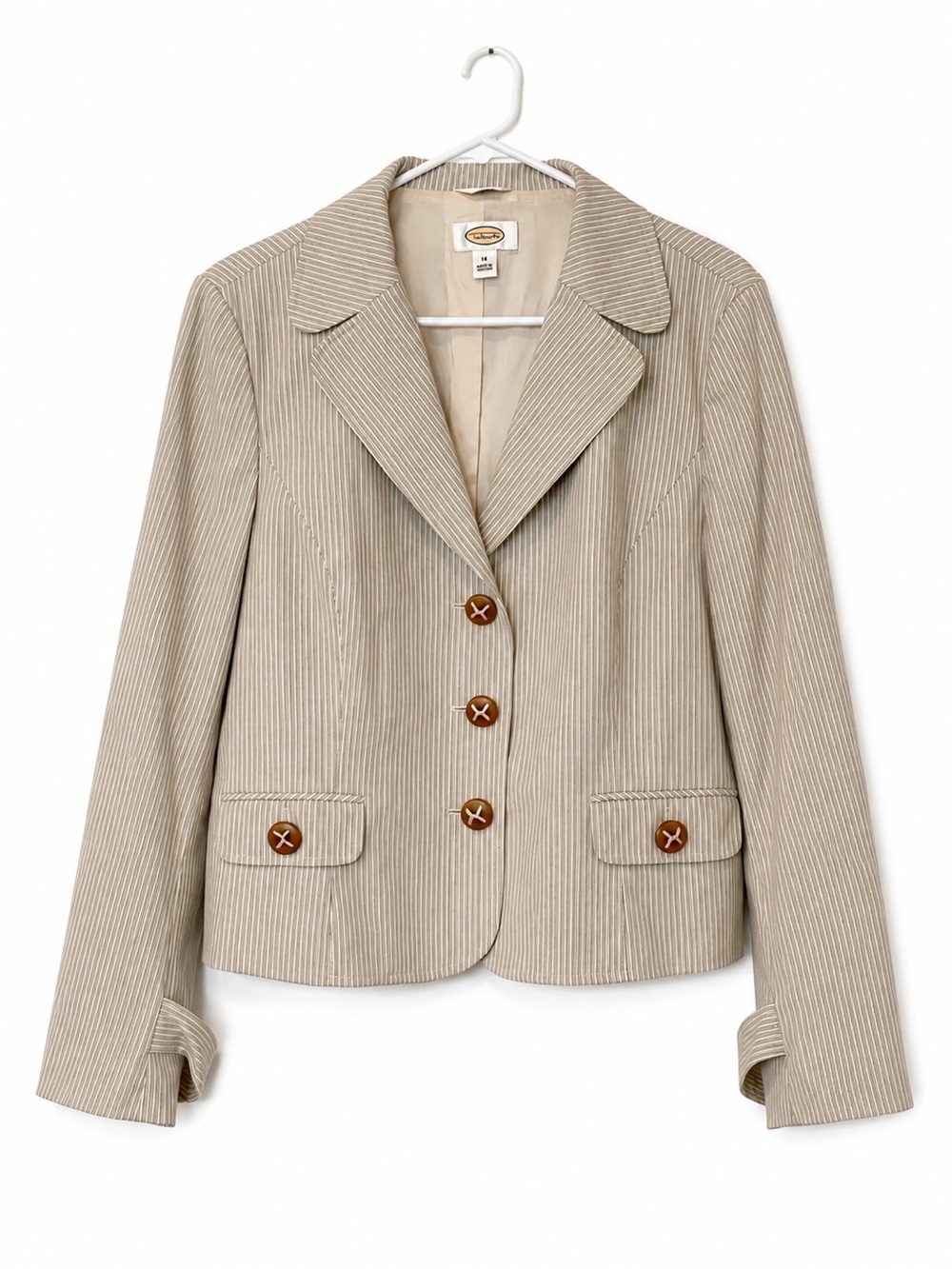Talbots Stretch Pinstripe Blazer Size 14 Brown Cream Tailored Jacket